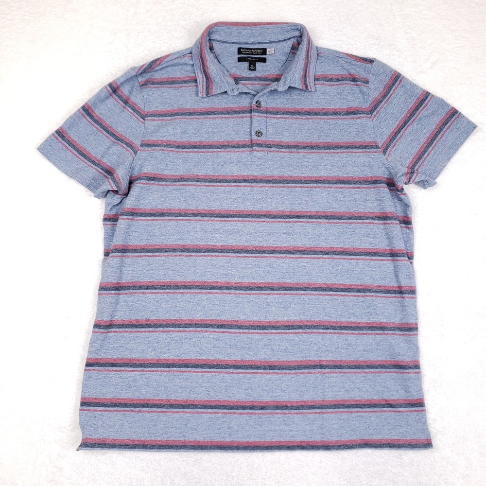 Banana Republic Mens Performance Pique Polo Shirt XL Indigo Blue Stripe Golf